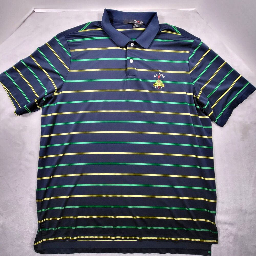RLX Ralph Lauren Polo Shirt Men XL Navy Striped 2013 US Open Merion Golf Club